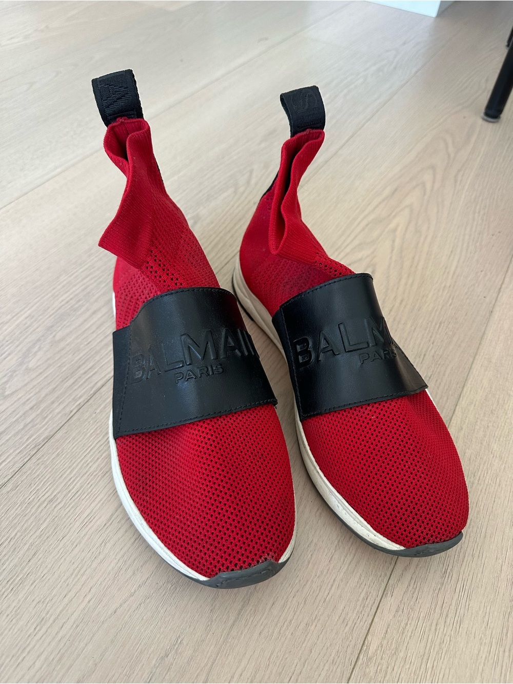 Balmain Red Knit Slip-On Sneakers with Black Strap
